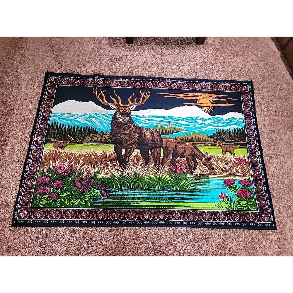 VTG Wall Tapestry Hanging ELK Velvet Style Wall Art Fabric Forest 57x39 Vivid